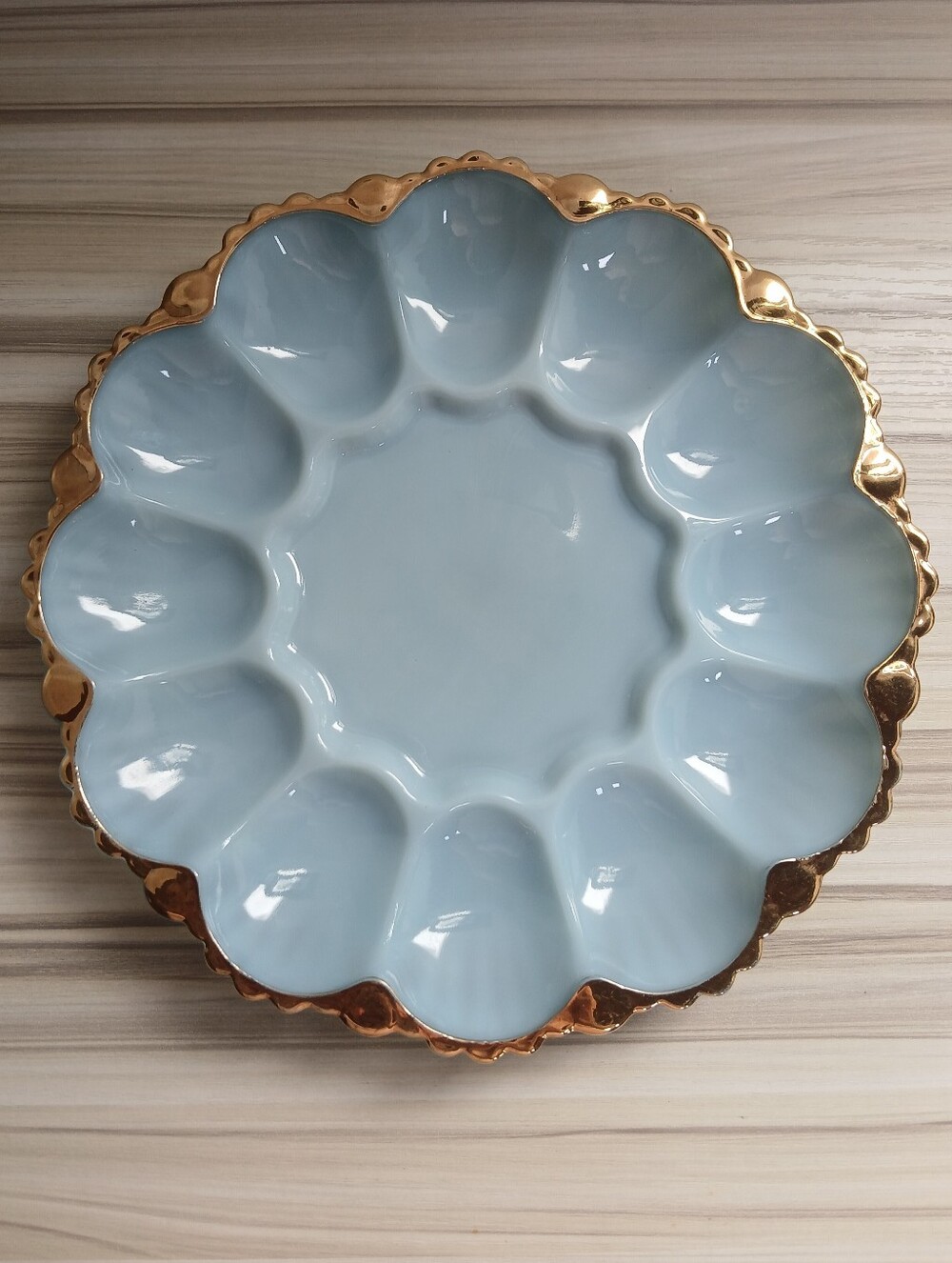 Vintage Anchor Hocking Delphite Blue Milk Glass Deviled Egg Plate Gold Trim 10”